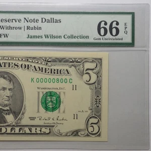 $5 Fancy Serial Number FRN Low Serial Number Series 1995 PMG 66EPQ - K00000800C - Picture 1 of 4