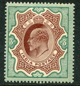 India 1902-11 3r red-brown & green SG 141 hinged mint (cat. £110) 'B' toning - Picture 1 of 2