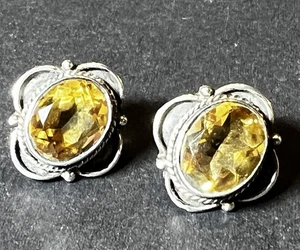 Vintage Sterling Silver Citrine Earrings Pierced Lemon Quartz - Picture 1 of 6