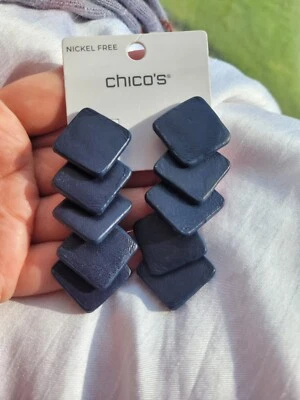 Chicos Chico's Linear Leather Art Deco Earings Navy Blue Nickel Free MSRP $35.50 - Image 1 of 4