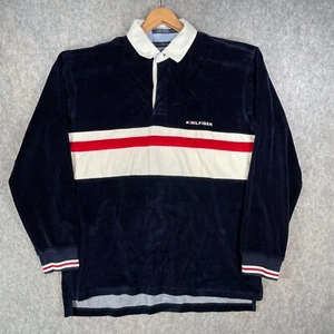 Vintage Tommy Hilfiger Rugby Shirt Mens Large Blue White Velour Polo Soft Y2K - Picture 1 of 18
