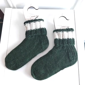 Hand Knitted Green Stripy Warm Winter Boot Bed Slipper Socks 100% Wool Sz 5 -6 - Picture 1 of 9