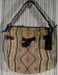 COCCINELLE Cotton & Leather Shoulder Bag Wavy Psychedelic Print Handbag Purse - Picture 1 of 4