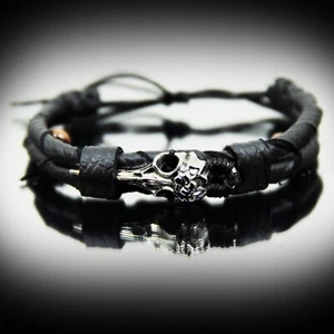 Pulsera Calavera Cuervo HECHA A MANO Pulseras Cuero Genuino Negro Pájaro Esqueleto Regalo - Imagen 1 de 18