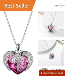 Sterling Silver Nurse Caduceus Necklace 18" Crystal Heart Gift for Nurses - Picture 1 of 9