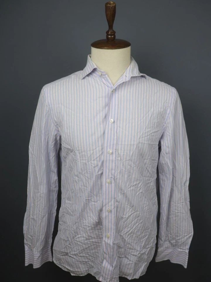 Luigi Borrelli Napoli Blue White Striped 100% Cotton Collar Dress Shirt Size 43 - Image 1 of 4