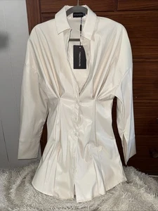 PLT Faux Leather Shirt Dress Button up Cream NWT women’s 6 Mini - Picture 1 of 5