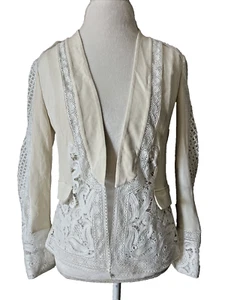 Kobi Halperin Cardigan Embroidered Crochet Lace Open Front sz S Beige White Silk - Picture 1 of 14