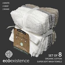 SET OF 8 New ecoexistence Soft Organic Wash Towels 4 White + 2 Gray + 2 Khaki