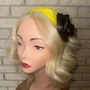 Ooak Taissa Lada Hand Made Yellow Hackle Feather Headband Black Satin Rosette - Picture 1 of 12