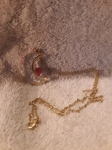 Love You To The Moon Necklace - Half Moon & Red Stone - Gold Tone - Picture 1 of 2