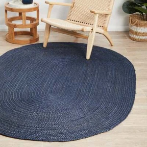 Rug Jute Oval Natural Farmhouse Blue Runner Rustic Look Braided Modern Carpet - Picture 1 of 9