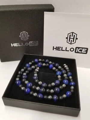 Collar Helloice "Protección" Ojo de Tigre Azul y Ónix Negro 8mm Cuentas 18" Foto 1 de 4