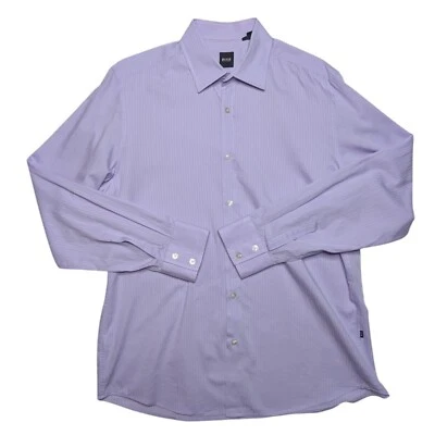 Hugo Boss Men's Striped Dress Shirt Size L Light Purple Button-Up Pre-Owned - Image 1 of 4