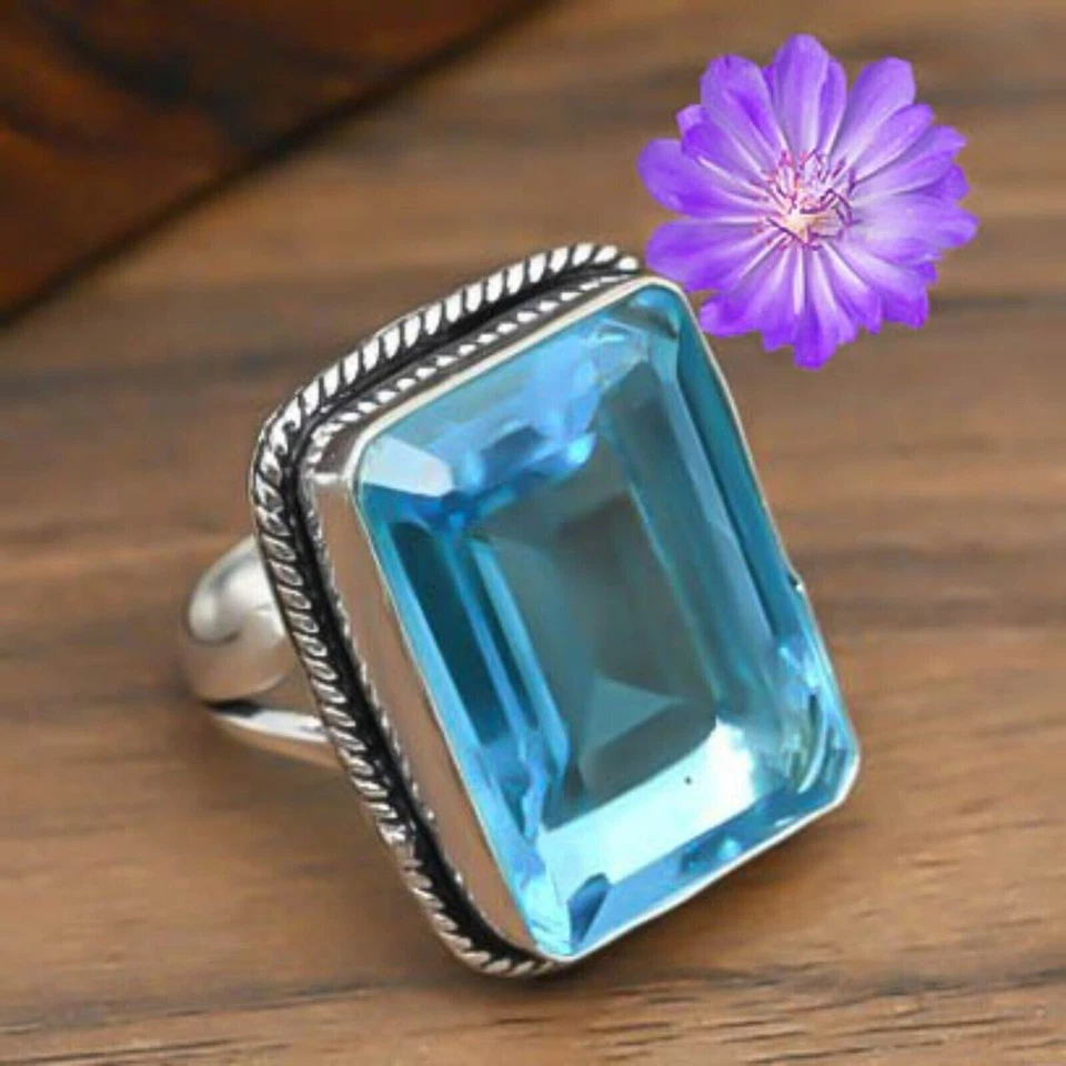 Blue Topaz Gemstone 925 Sterling Silver Ring Handmade Jewelry Ring For Gift - Image 1 of 1