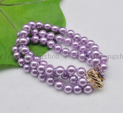 美丽 3 行 8 毫米紫色南海贝壳珍珠圆珠手链 7.5 AAA — 第 1/3 张图片