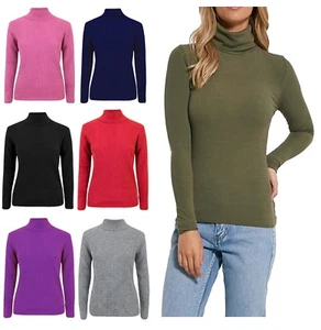 Ladies Women Casual Turtle High Polo Neck Long Sleeve Ribbed Cotton Jumper Top - Picture 1 of 33