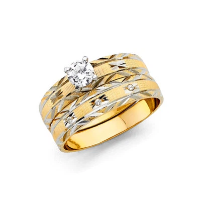 Conjunto de trío de anillo de boda de circonita cúbica de circonita cúbica de oro amarillo blanco de 14 k Foto 1 de 2