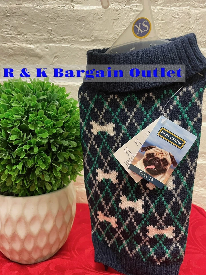 PUP CREW Blue & Green Bones Puppy / Dog Winter Sweater Coat Extra Small Xs Cute - Image 1 of 3