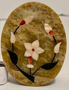 Vintage Hand crafted Mother of Pearl Inlay Fitted Marble Stone Oval Box - Picture 1 of 10