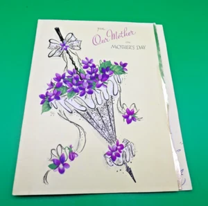 Biglietto vintage festa della mamma 1956 saluto americano cartellino giallo ombrellone viola - Foto 1 di 3