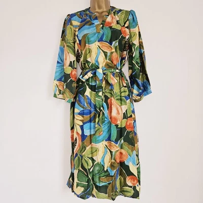 NEW Ex Wallis 8-22 Fruits & Floral Print Belted Midi Tea Dress Green Red Blue - Image 1 of 4