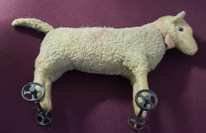 Wooly Lamb on Rolling Metal Wheels Toy Antique READ - Picture 1 of 9