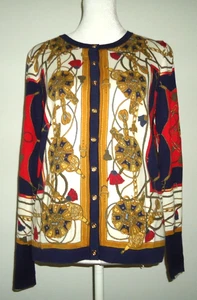 Vintage Talbots Charming Status Print Cardigan Gold Button Up Equestrian Size-M - Bild 1 von 9