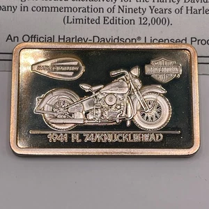 .999 FINE SILVER 1.4 OZ TROY HARLEY DAVIDSON 1941 FL 74 KNUCKLEHEAD BAR W/COA LE - Picture 1 of 4