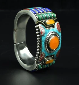 Exquisite noble tibet silver copper inlay natural turquoise flower bracelet - Picture 1 of 9