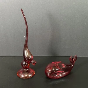 Vintage MCM Viking Glass Lot of 2 Ruby Red Long Tail Bird and Whale Paperweight - Picture 1 of 10