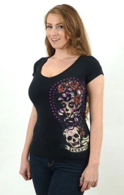 Camiseta Lucky 13 Shadow Lady Cuello en V Profundo Calaveras de Azúcar Rockabilly Pinup Foto 1 de 3