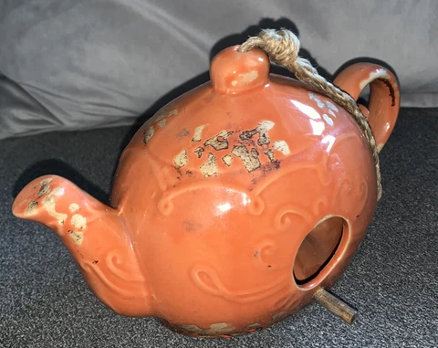 Vintage Orange Rustic Ceramic Teapot Birdhouse Cover