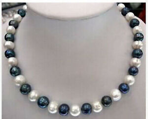 7-8mm Natural Black & White Freshwater Akoya Cultured Pearl Beaded Necklace 18''