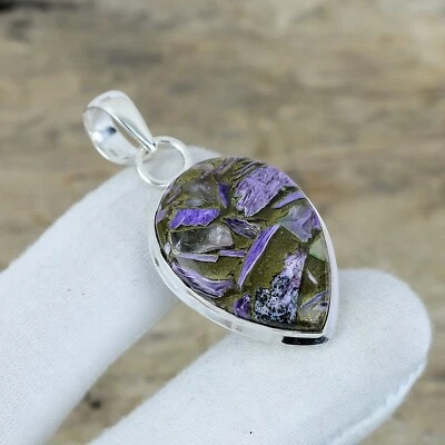 Pendente In Charoite Di Rame In Argento Sterling 925 Regalo Boho Per Amore - Immagine 1 di 4