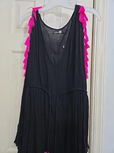 BOOHOO Tassel Arm Openings W Long Bell Sleeves Black Sz 14 Beach Coverup Dress - Picture 1 of 10