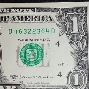 D 46322364 D Fancy Serial Number $1 TRUE PERFECT Radar CU 2017A Note Dollar Bill - Picture 1 of 3