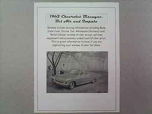 1962 Chevrolet big-car cost/dealer retail 62 sticker pricing for car + options $ - Picture 1 of 1