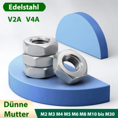 Dünne Sechskantmuttern Edelstahl V2A V4A Metrisch Mutter M2 M3 M4 M5 M6 bis M30 - Bild 1 von 4