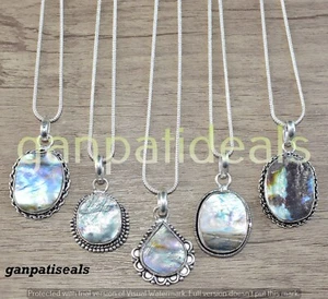 Abalone Shell Mix Shape Handmade Chain Pendant 5pcs Lot 925 Silver Plated - Picture 1 of 3
