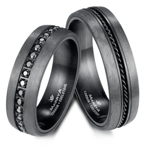 Trauringe Eheringe Partnerringe Edelstahl Carbon Zirkonia Schwarz | Paarpreis - Bild 1 von 1