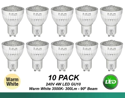 10 x 4W 240V GU10 Wide Beam LED Downlight Globes Bulbs Warm White - 300Lm - 90D - Image 1 of 4