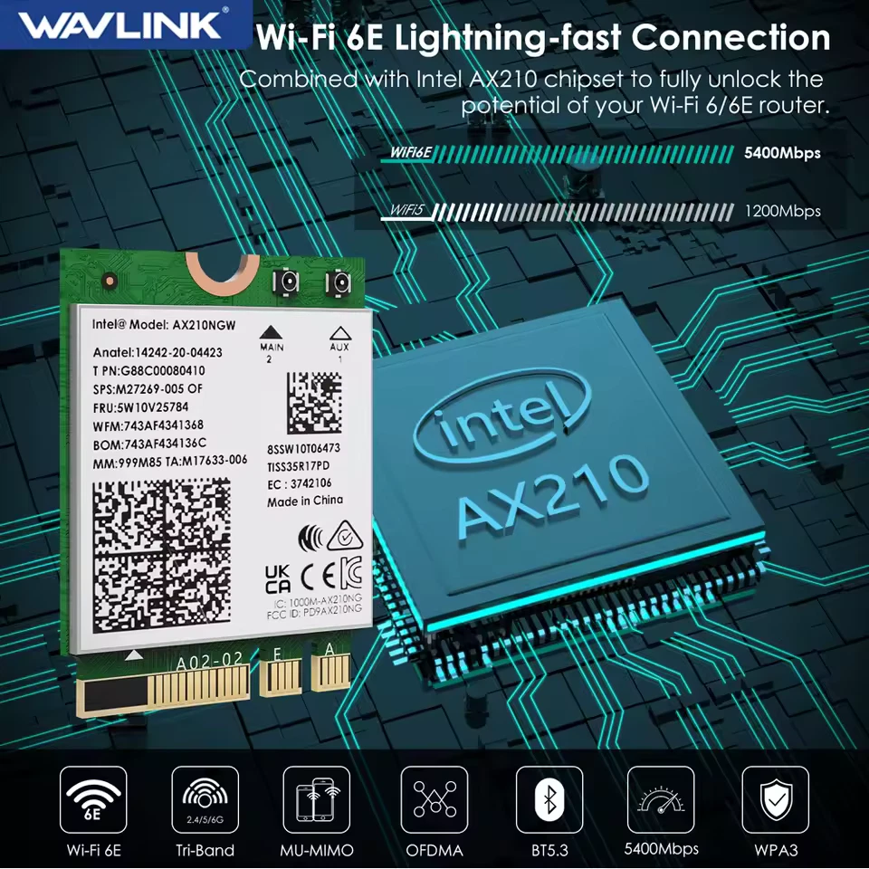 Intel Wi-Fi 6E AX210 Gig+ Modul M.2 non vPro WLAN-Adapter (AX210.NGWG.NV)