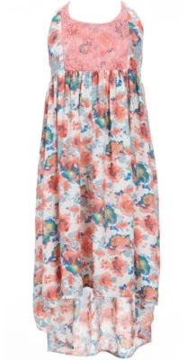 Bonnie Jean Big Girl's Lace Overlay Floral Open Back Hi-Low Dress-Size-14-Coral - Image 1 of 4