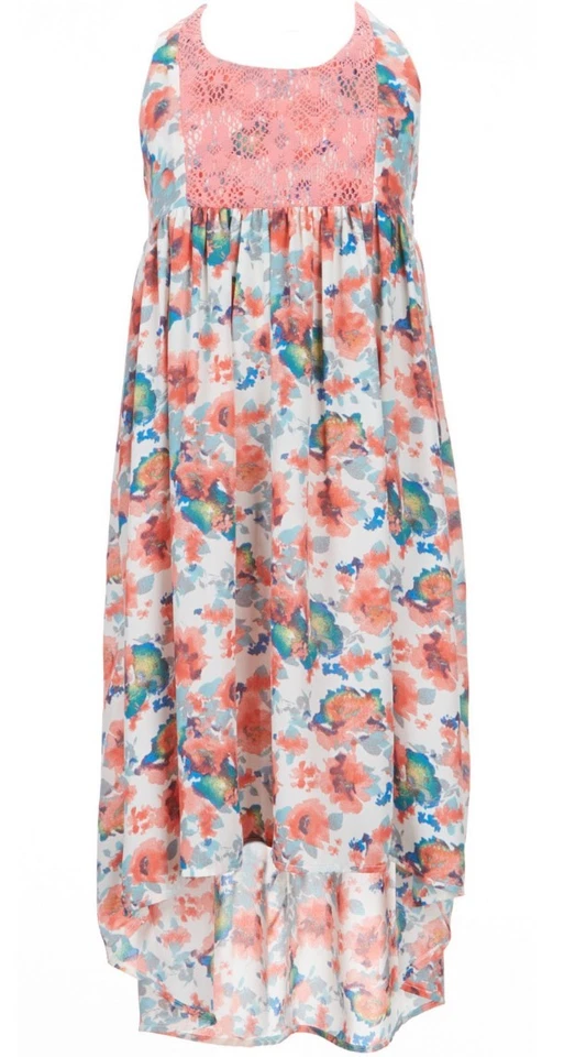 Vestido Bonnie Jean Niña Grande Encaje Superpuesto Floral Espalda Abierta Alto-Bajo-Talla-14-Coral Foto 1 de 4