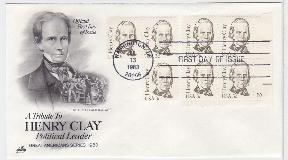 TurtlesTradingPost- Henry Clay 1983 FDC #1846- Artcraft Plate Block Hand Cancel - Image 1 of 1