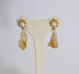 ORECCHINI IN ARGENTO 925 CON PERLE E GEODI CITRINO NATURALE            AGHT 0572 - Foto 1 di 3