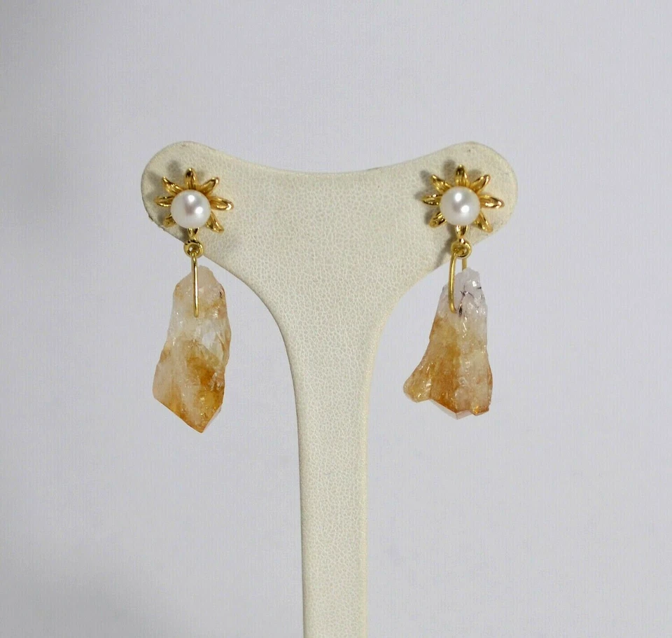 ORECCHINI IN ARGENTO 925 CON PERLE E GEODI CITRINO NATURALE            AGHT 0572 - Immagine 1 di 3