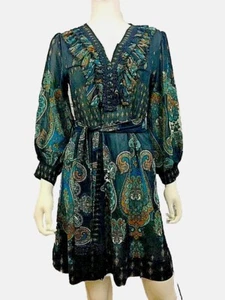 Vestido Satrinsha Brillo París Azul Gris Paisley Volantes Cuello Mangas Largas M - Imagen 1 de 12