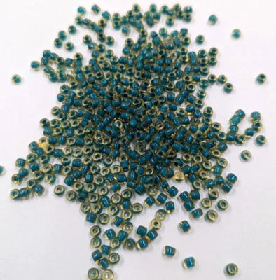 Cuentas de semillas de vidrio vintage TOHO Japón verde azulado transparente forradas oro amarillo 8/0 C4-42 Foto 1 de 3
